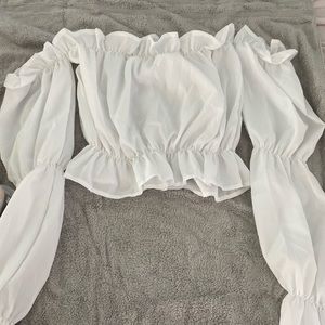 White ruffle off the shoulder crop top